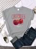Damen Baumwolle Gewaschene T-Shirts Trend O-Ausschnitt Distressed Tops Frischer Roter Kirschen Druck Kurzarm Sommer Straße Damenkleidung
