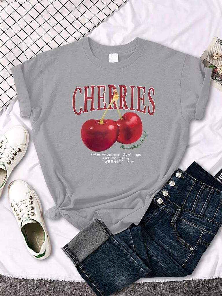 Damen Baumwolle Gewaschene T-Shirts Trend O-Ausschnitt Distressed Tops Frischer Roter Kirschen Druck Kurzarm Sommer Straße Damenkleidung