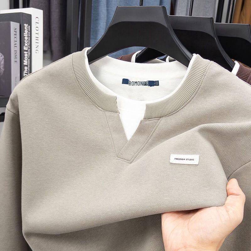 ROMON Men s Fashion Faux Two-Piece Round Neck Long Sleeve Sweatshirt 40