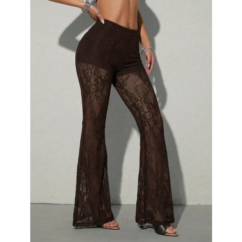 Women Sexy Sheer Lace High Waist Slim Fit Flared Long Pants
