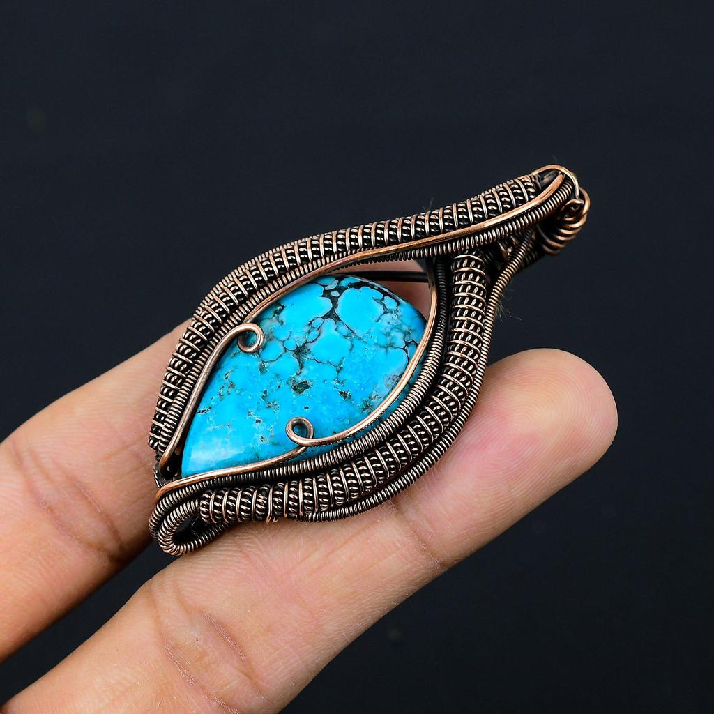 Tibetan Turquoise Gemstone Pure Copper Wire Wrapped Designer Handmade Pendant Jewelry