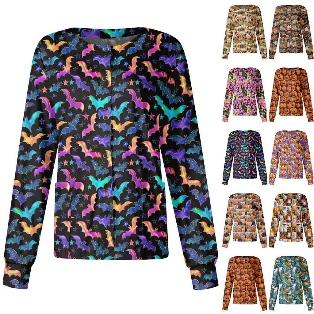 Women Long Sleeve Pattern Pocket Working Stand-up Collar Single-breasted Protective Overalls Cardigan Jacket Top