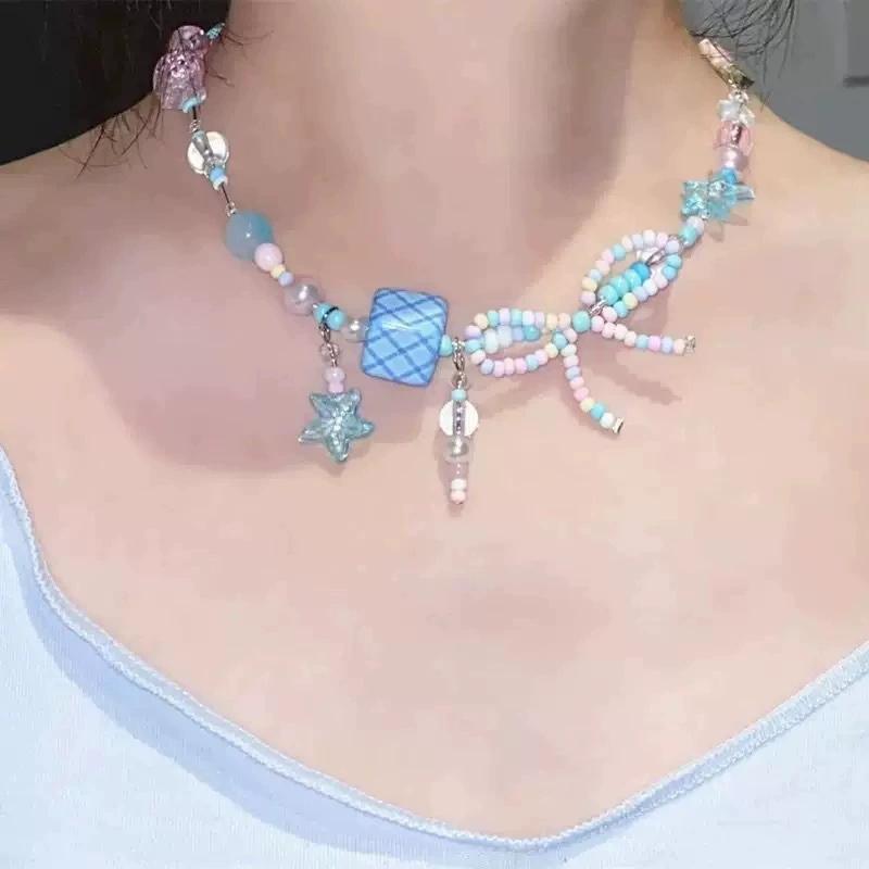 2026 Trendy Handmade Beaded Colorful acrylic Bowknot Star Pendant Necklace For Women Summer Y2k Sweet Aesthetic Neck Jewelry
