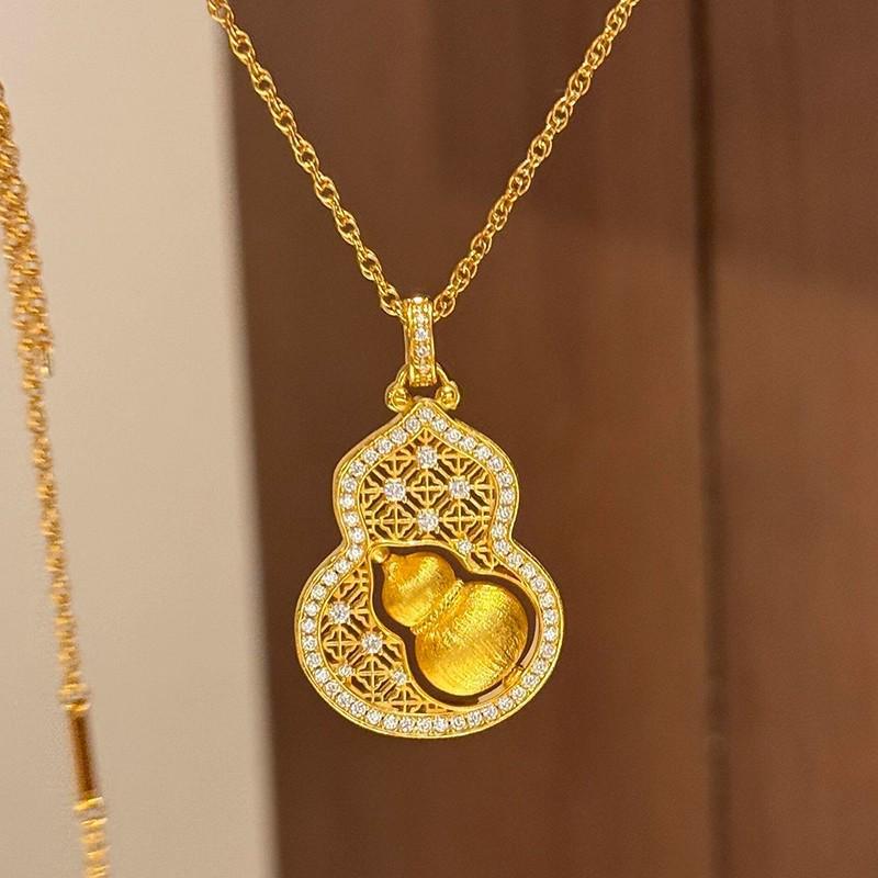 New Chinese Style Rhinestone Carved Gourd Pendant Necklace for Women