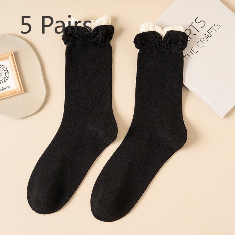 5 Pairs Grey Socks Women's Cotton Yarn Mid-calf Socks Spring and Autumn Tide Jk Clashing Ballet Style Lace Stacked Socks Autumn