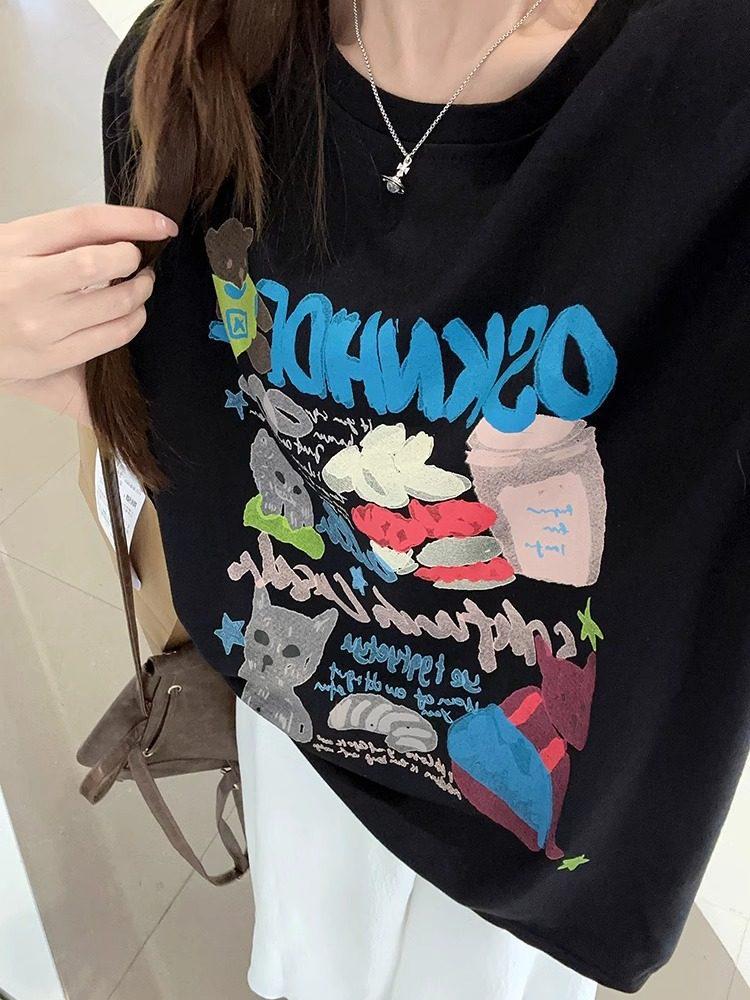 Unisex Retro Graffiti Print Cotton Plus Size T-shirt - Short Sleeve, Loose Fit for Men, Women & Girls