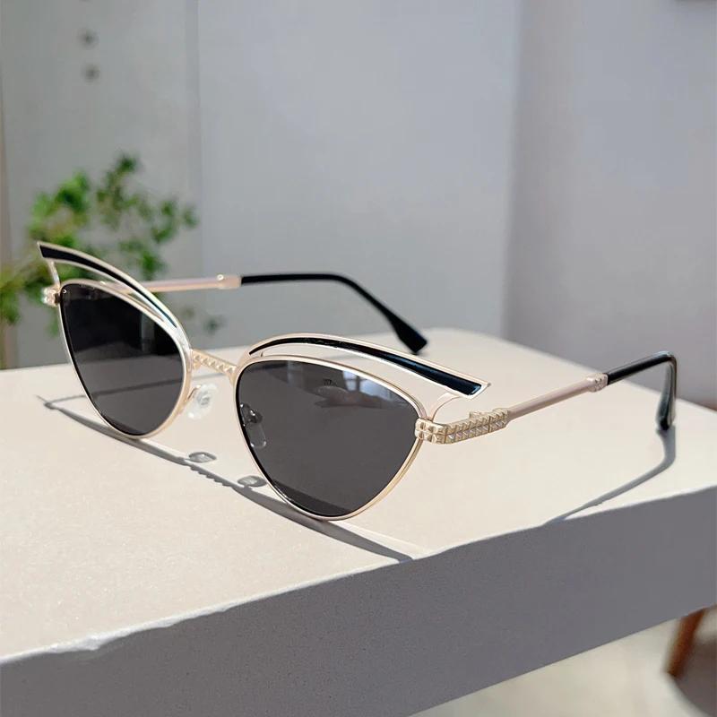 KAMMPT Hollowed Cat Eye Sunglasses Women Fashion Gradient Decorative Shades New Trendy Design Casual Outdoor Sun Glasses