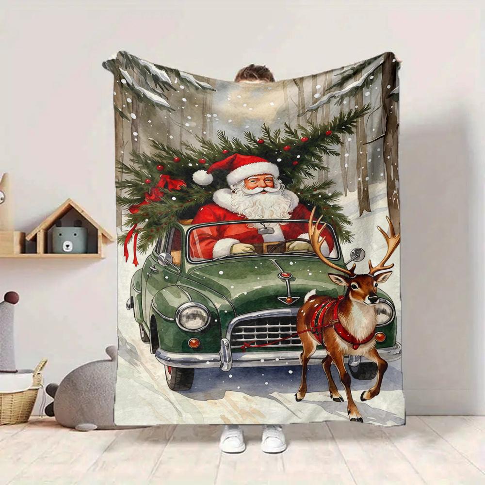 1Pc Christmas Santa Reindeer Blanket Soft And Comfortable Casual Warm Camping Travel Christmas Halloween Gift M91724