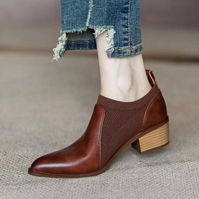 Nowy styl modne grube obcasy wysokie obcasy damskie wiosna i jesień brązowy dzianinowy brytyjski styl małe skórzane buty Zapatos Mujer