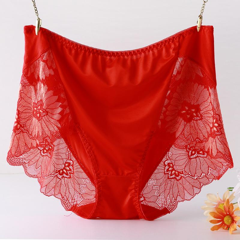 Modal Satin Lingerie Silky Triangle Underwear Sexy Lace Underpants Pure Cotton Mid Waist Briefs Plus Size Panties