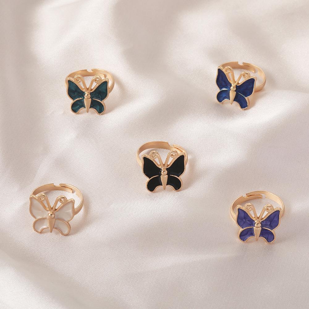 Personalized Ring, Fashionable Multi-Colored Butterfly Oil Drip Opening 5-Piece Set, Ring Jewelry.