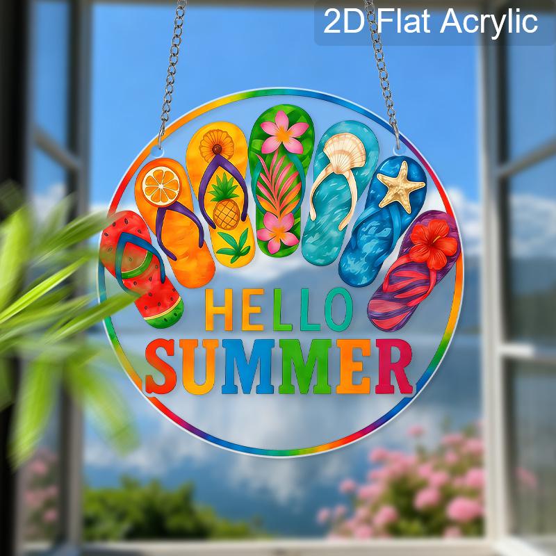 Acrylic Hello Summer Flip Flop Suncatcher Stained Glass Effect Window Hanging Ornament Summer Decor