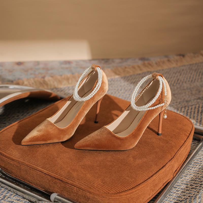 Fashion pearl chain elegant temperament sexy feminine women's new thin heel high heel women's single shoes