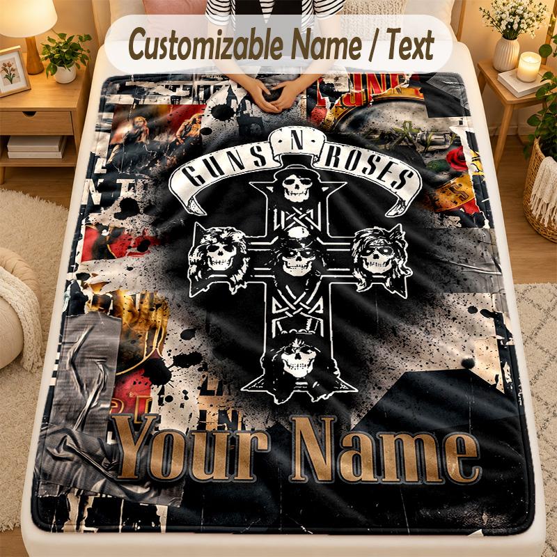 Flannel BlanketGuns N’ Roses Custom Name Text Personalized Soft Warm Throw Blanket Home Decor Gift