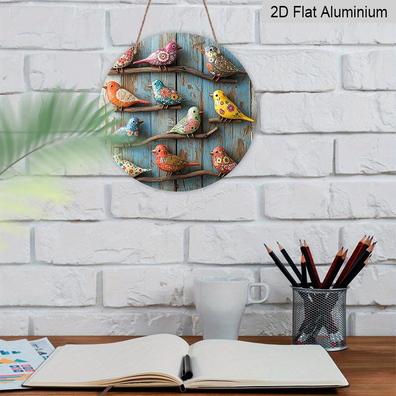Plano 2D, 1 pieza Redondo de Aluminio Colorido Pájaro de Arte Popular Señal, Vintage Floral Pintado Pájaro Placa de Metal, Impermeable y a Prueba de Óxido, Perfecto para Casa de Campo