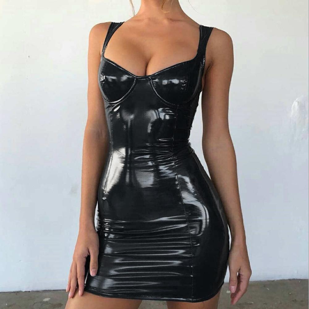 Women Sexy Ladies Faux Leather MINI Dress Fancy Clubwear Outfits Nightwear
