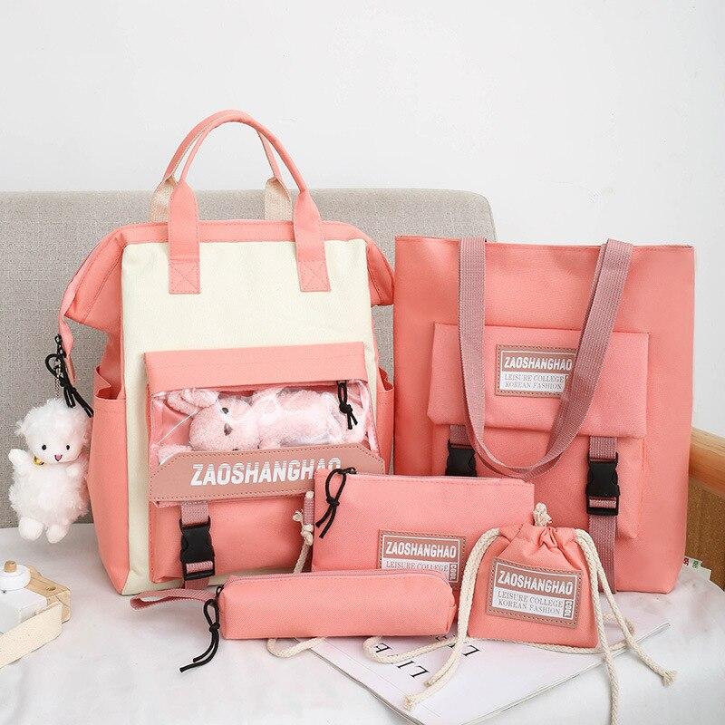 5Pcs/set Canvas School Bags for Teenage Girls 2021 Solid Color Backpacks Women Bookbags College Travel Backpacks Female Rucksack