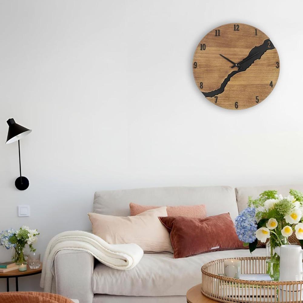 Non-Ticking Mechanism Round Wall Clock 12Inch Diameter Rustic Wall Clock For Living Room