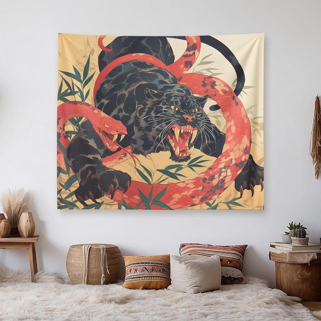Japanese Style Black Panther And Red Snake Tapestry For Men – Fierce Old School Tattoo Wall Art, Vintage Asian Bamboo Jungle