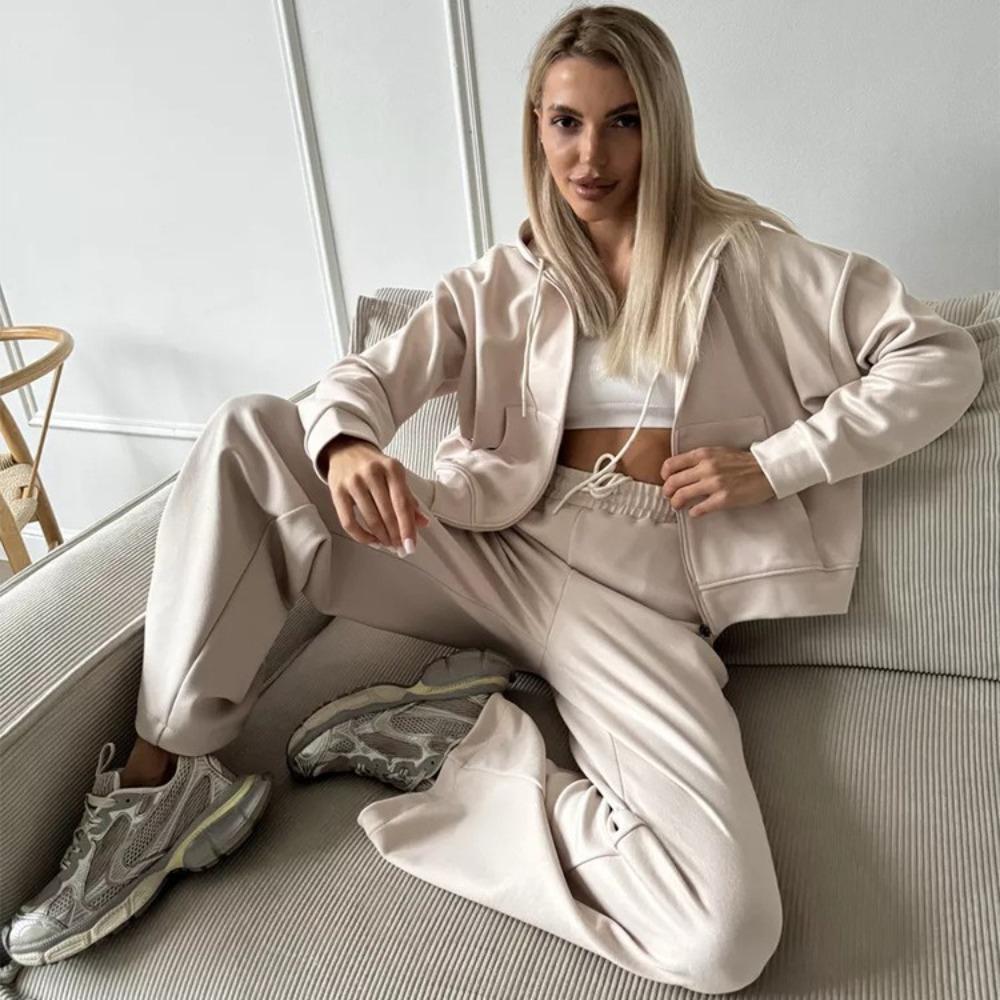 Sportswear Women's Solid Color Long Sleeve Zippered Cardigan Hooded Sweatshirt Lace-up Trousers Two-piece Set