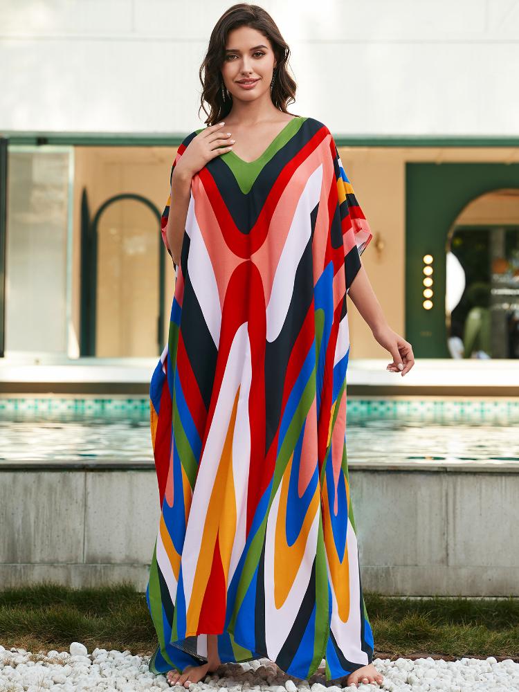 EDOLYNSA Plus Size Kaftan Orange Black Red Striped Summer Long Beach Shirt Dress Women Homewear Outfit Swim Suit Cover Up Loose Caftan