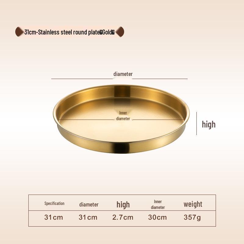 Korean Style Stainless Steel Round Golden Tray for Cold Noodles, Rice, or Steaming – Thickened Flat Bottom Plate
