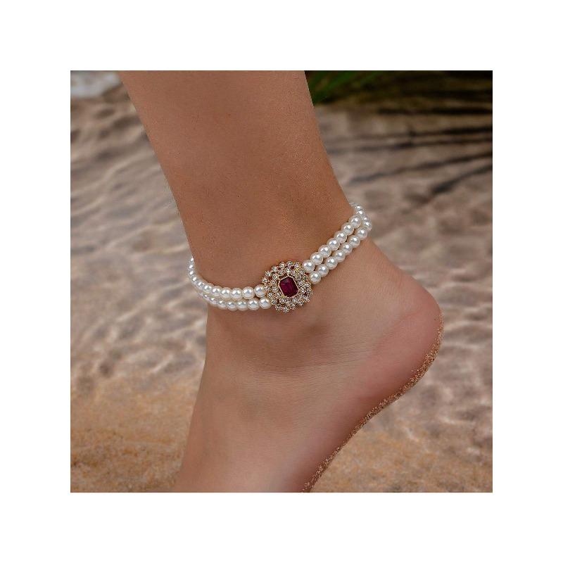 Французский браслет на ногу с двойным жемчугом и полным бриллиантовым паве, темпераментный, геометрический женский браслет на ногу с бриллиантовой инкрустацией, модный красный