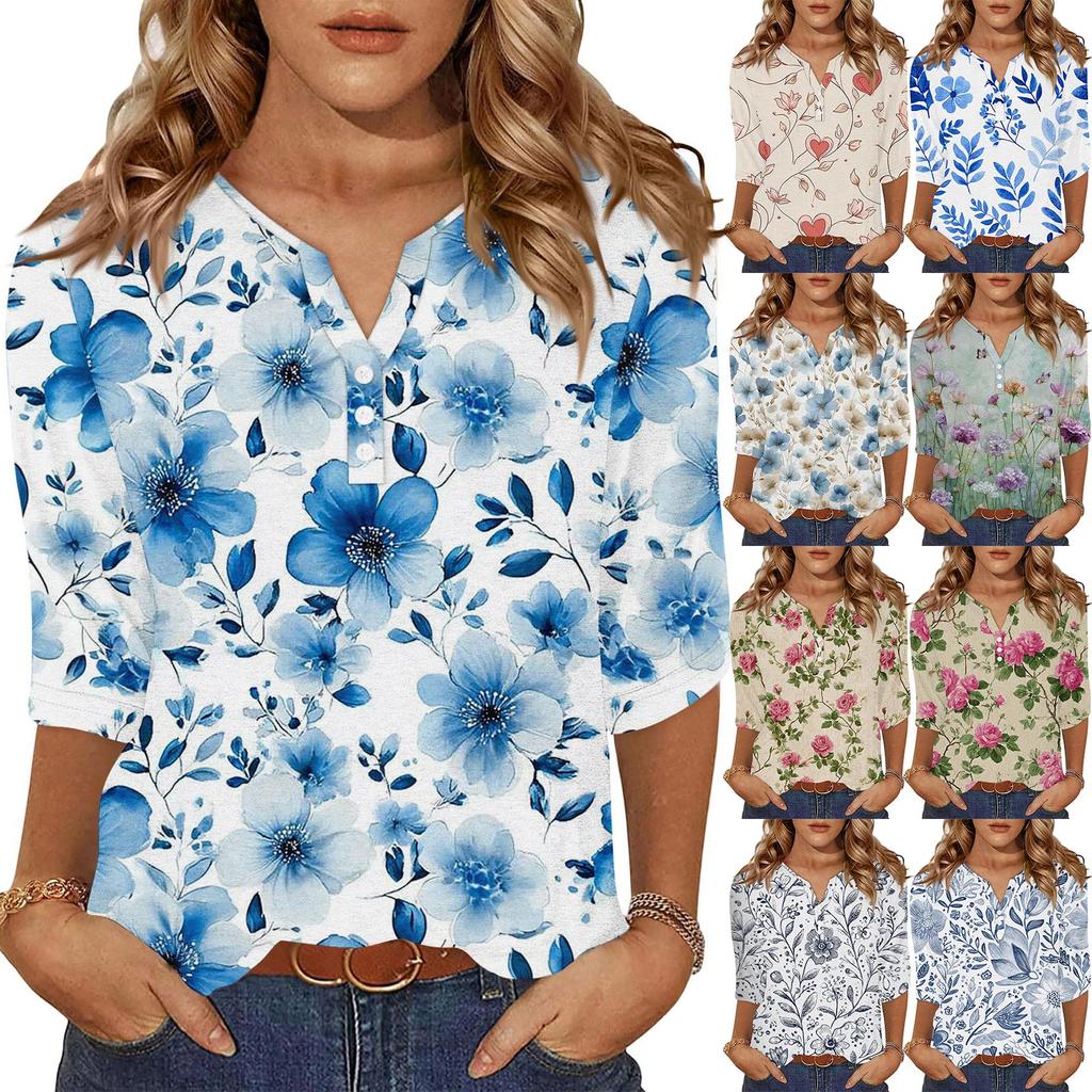 Damen Modisch Lässig Retro Floral Print V-Ausschnitt Knopfleiste Dreiviertelärmel T-Shirt Top