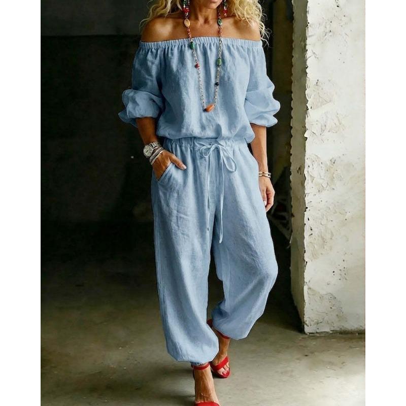 Womens Off Shoulder Long Sleeve Top Drawstring Waist Tapered Pants Two Piece Casual Outfit