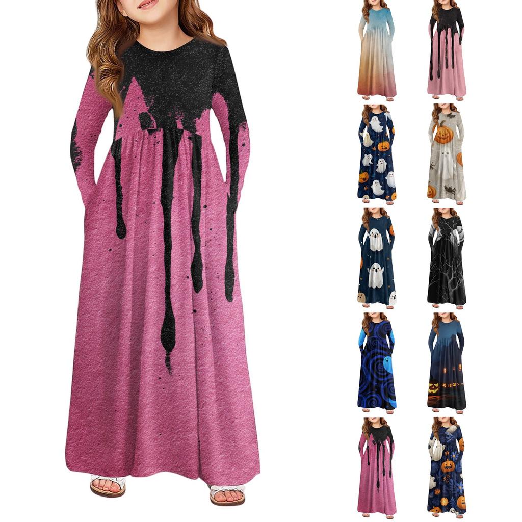 Girls' Maxi Dress Halloween Day- Long Sleeve Pocket Dress