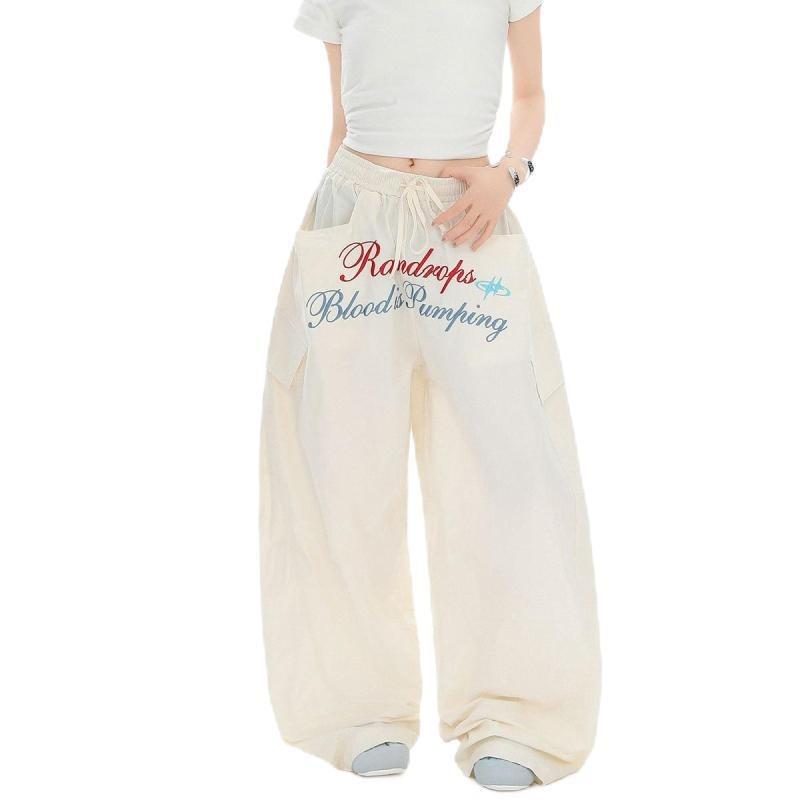 Vintage Embroidered Pleated Tooling Paratrooper Pants Female Hottie Loose Sports Casual Scimitar Pants Hip-hop Wide-leg Pants