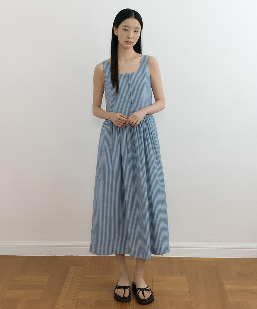 Lingseoul Striped Square Neck Sleeveless Dress-Blue