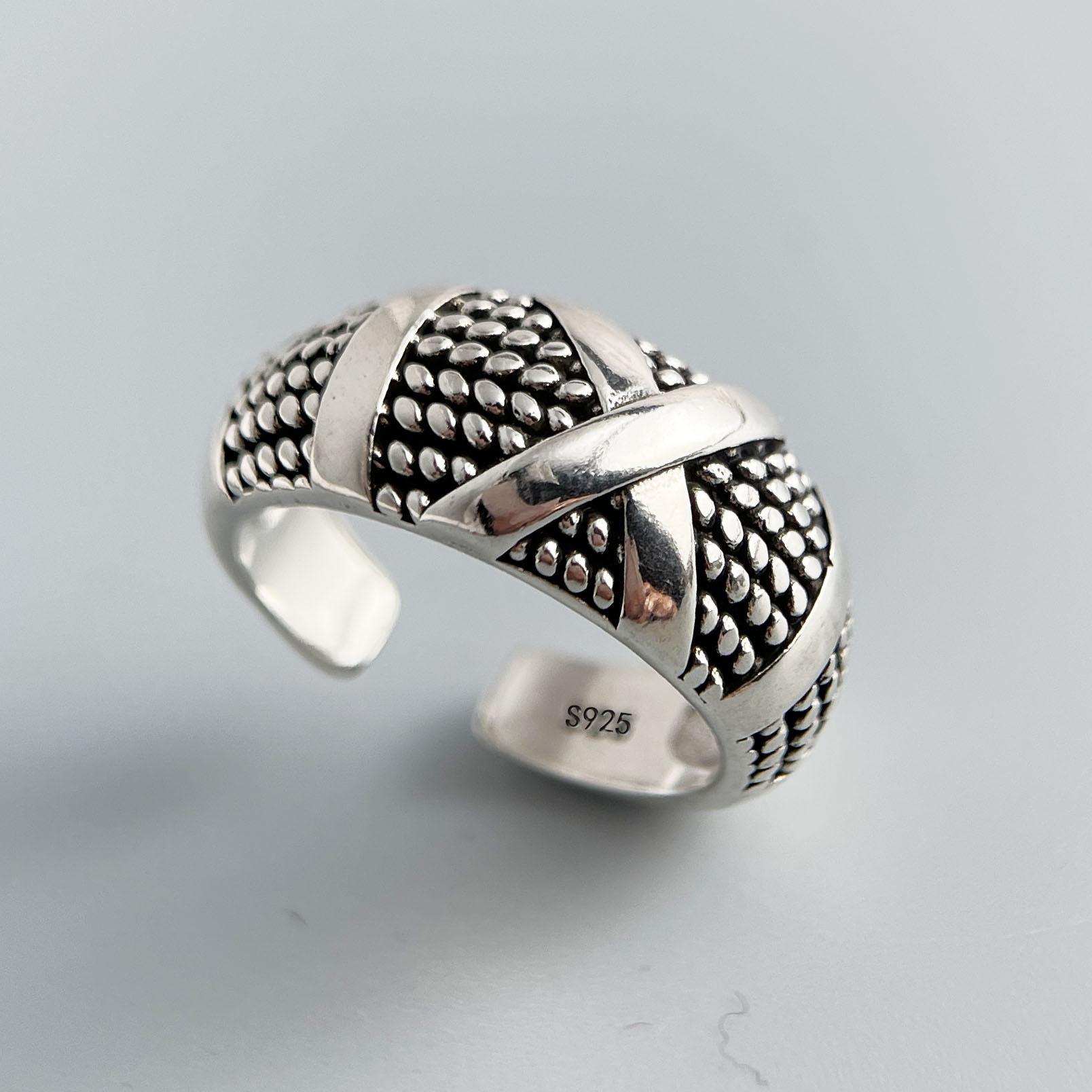 

BF CLUB 925 Sterling Rings for Women Simple Geometric Handmade Irregular Retro Cross Dots Oval Ring Allergy For Birthday Gift resizable