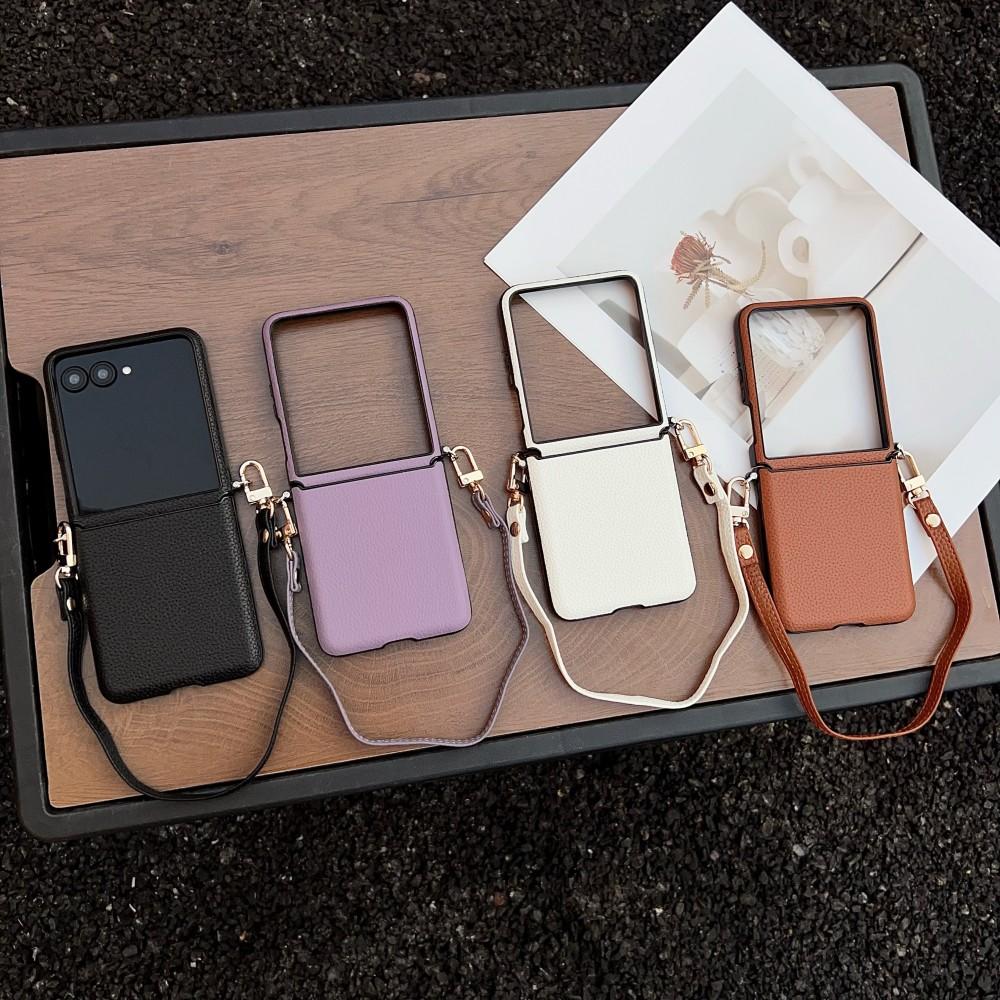 For Samsung Galaxy Z Flip 8 Case Luxury PU Leather Skin with Lanyard Protective Back Cover Case for Z Flip 8 Phone Shell