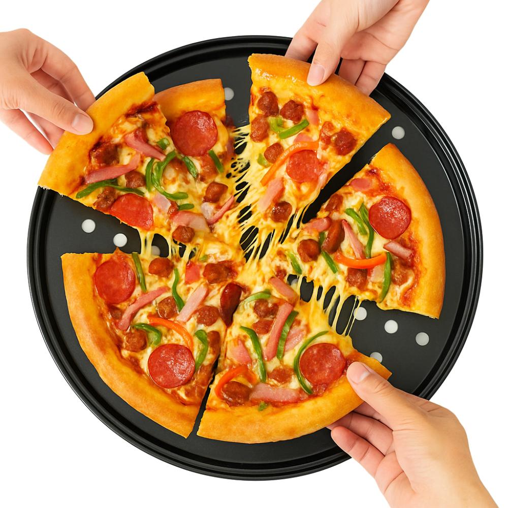Carbon Steel Perforated Pizza Pan 10/11/12 Inch Non Stick Cooking Plate Round Mupti Purpose Pizza Baking Tray Crispy & Bubbly