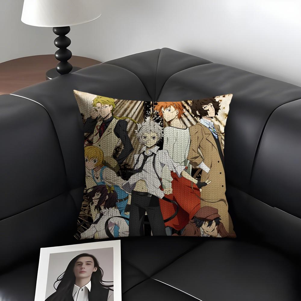 BBunGo SStray Dogs Anime Cushion Cover Natural Linen Organic Fabric DoubleSided Printing Sofa Home Decor Gift Pillow Case