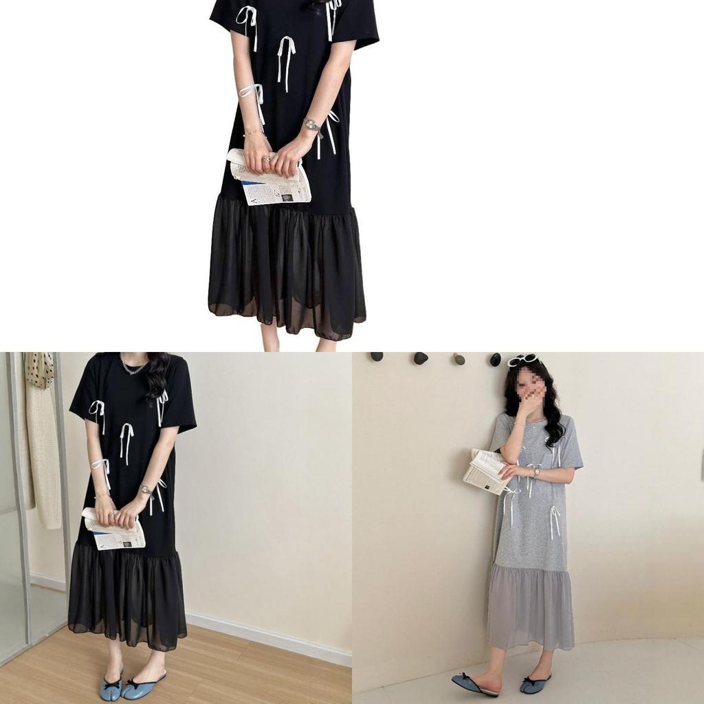 Summer Elegant Knit Dress With Puff Sleeve And Splicing For Casual Wear