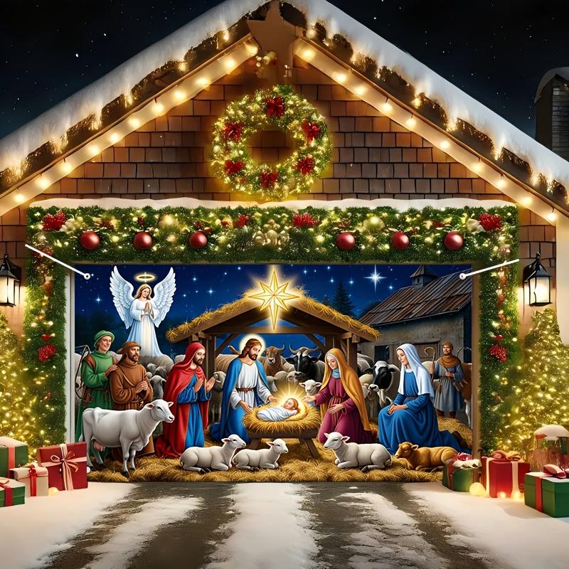 2D banner 1 piece - Holiday Christmas garage banner - Vibrant Christmas scene, shepherdszyc