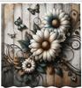 Vintage Shower Curtain, Rustic Farmhouse Design of Chamomiles with Butterfly and Curlicue Leaves, Cloth Fabric Bathroo