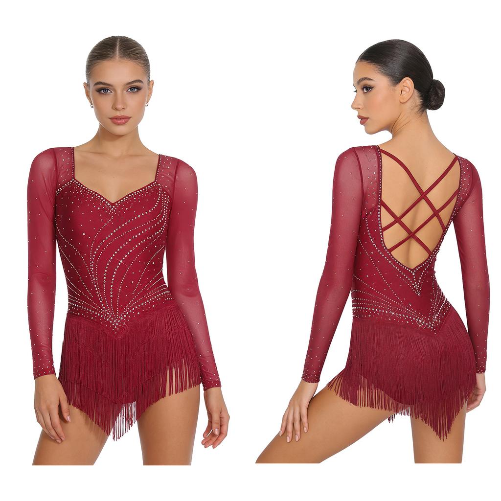 All-in-One Performance Jumpsuit for Women S-XXL: Perfect for Tango, Rumba & Figure Skating with Mesh Sleeves & Open Back