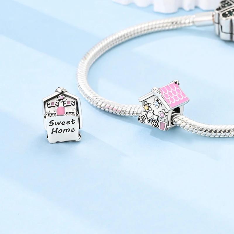 Original Charms Copper Cute Pink Sweet House Flower Beads Fit Platabracelets For Women Jewelry Making Gifts