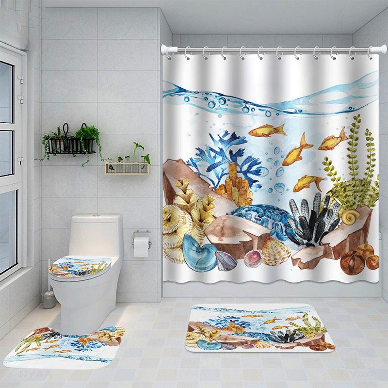 Dolphin 3D Digital Printing Shower Curtain Shower Curtain Dolphin Non-Slip Mat Four-Piece Set