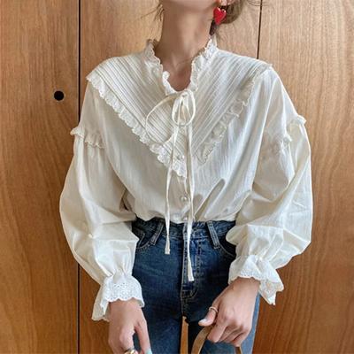 2024 Fashion Women Long Sleeve Shirts Hollow Out Vintage Casual Elegant Tops Solid Elegant Style Bow Loose Blouses 9580