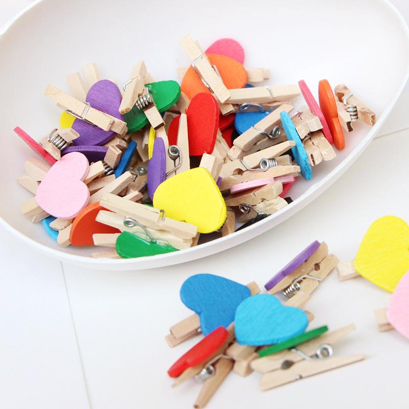 50Pcs Wooden Colored Love Heart Photo Clip Memo Paper Diy Photo Clips Wedding Decoration Postcard Clips Clothespin Home Decor