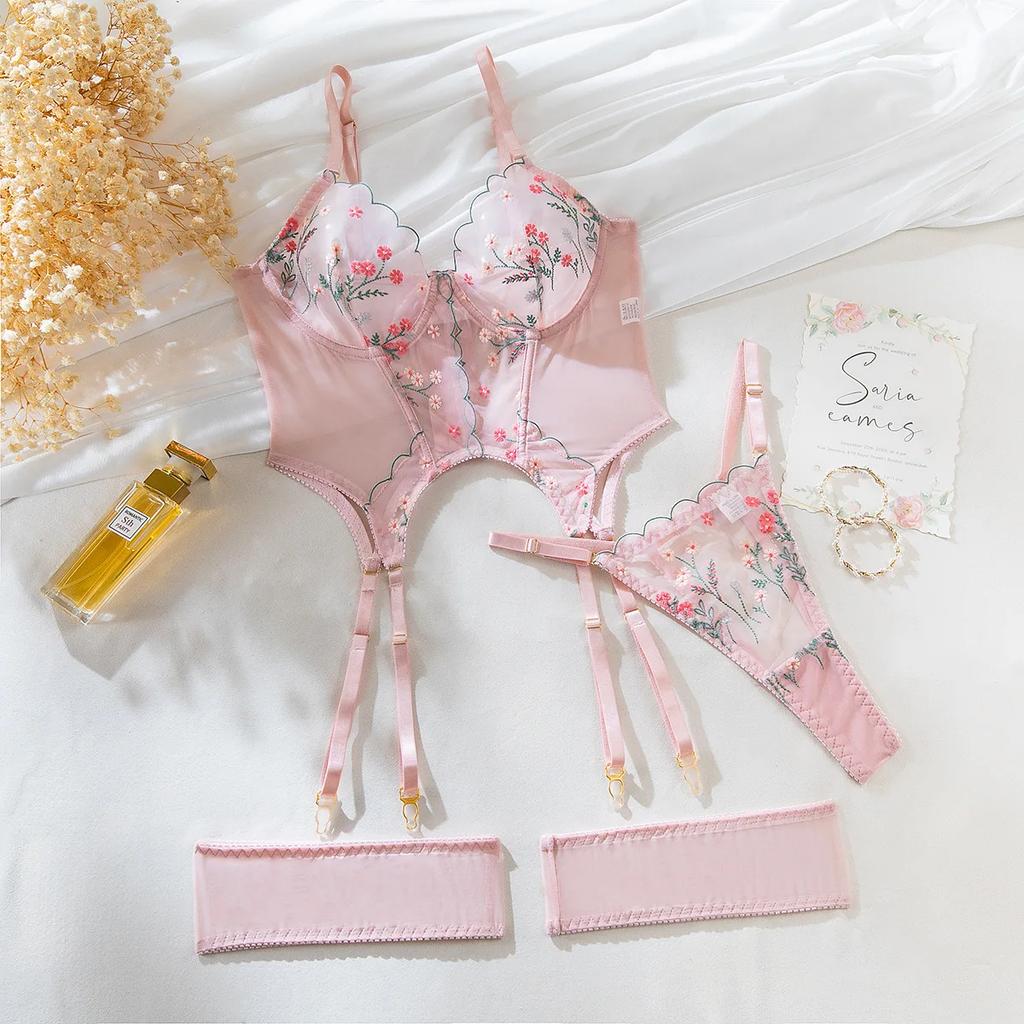 Fancy Sexy Lingerie Sets 3 Piece Pink Embroidered Exotic Underwear Mesh Lace Transparent Push Up Bra And Panty Erotic Costumes