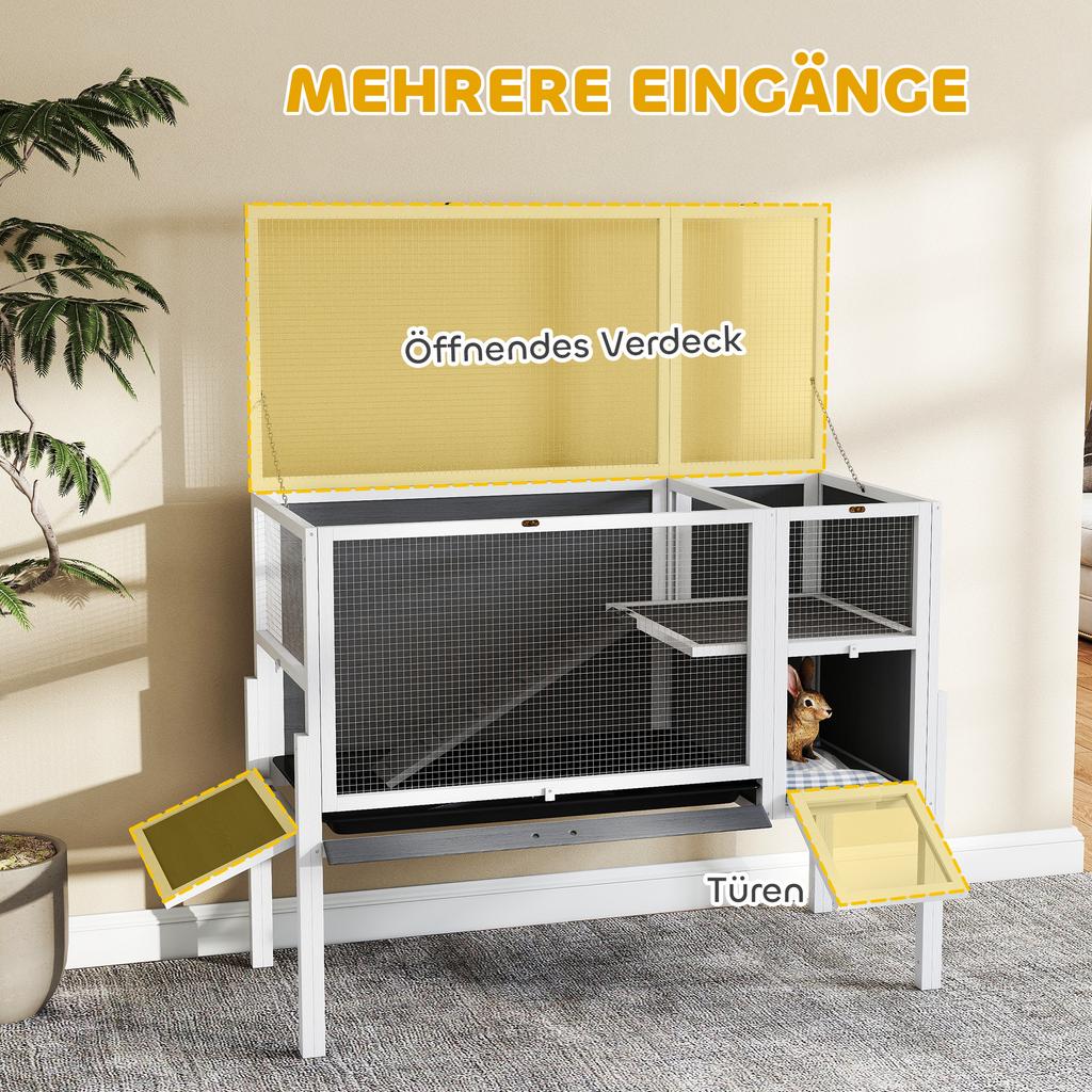 Small Animal Hutch for Dwarf Hamsters, Rabbits, Guinea Pigs, with Accessories, Elevated Design, Wood, Metal, Grey
