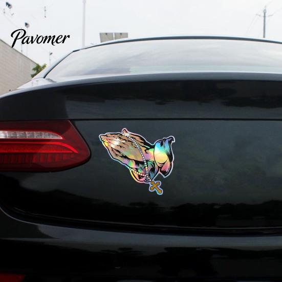 Weather Resistant Rosary Sticker Praying Hands & Car Sticker, Reflective Decal, High Quality PVC Adhesive Decal Waterproof Jesus for Auto Window