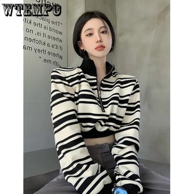 Vintage Striped Turn-down Collar Loose Tops Women Spring Fall Long Sleeve Casual Black Zipper Shirts Streetwear