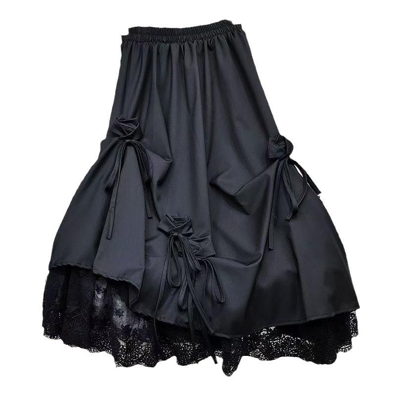 Fashion Women's Japanese Style Dull Black Long Dress High-Waisted Bow Spliced Lace A- Line Mid-Length Skirt Female