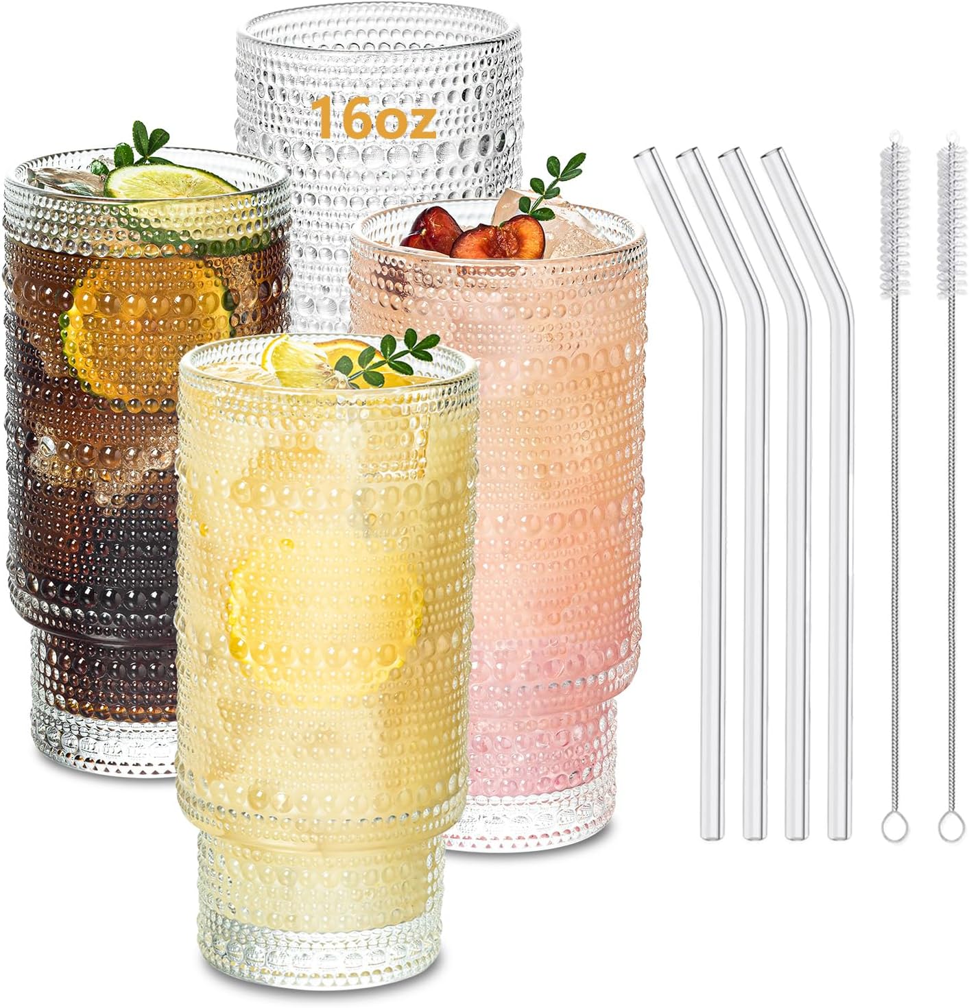 

Набор из 4 стаканов Hobnail по 16 унций, Штабелируемые стеклянные чашки со стеклянными соломинками, Эстетичные коктейльные бокалы 16oz